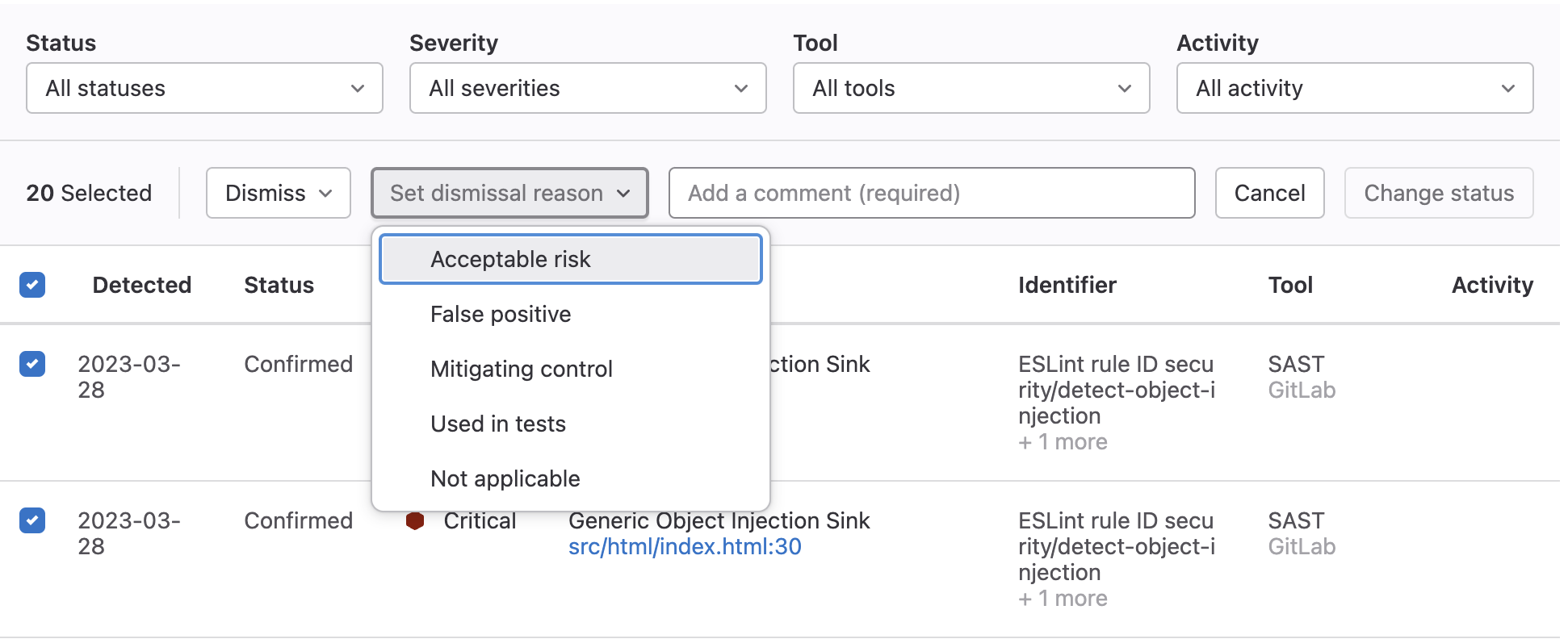 Provide a reason when dismissing vulnerabilities in bulk